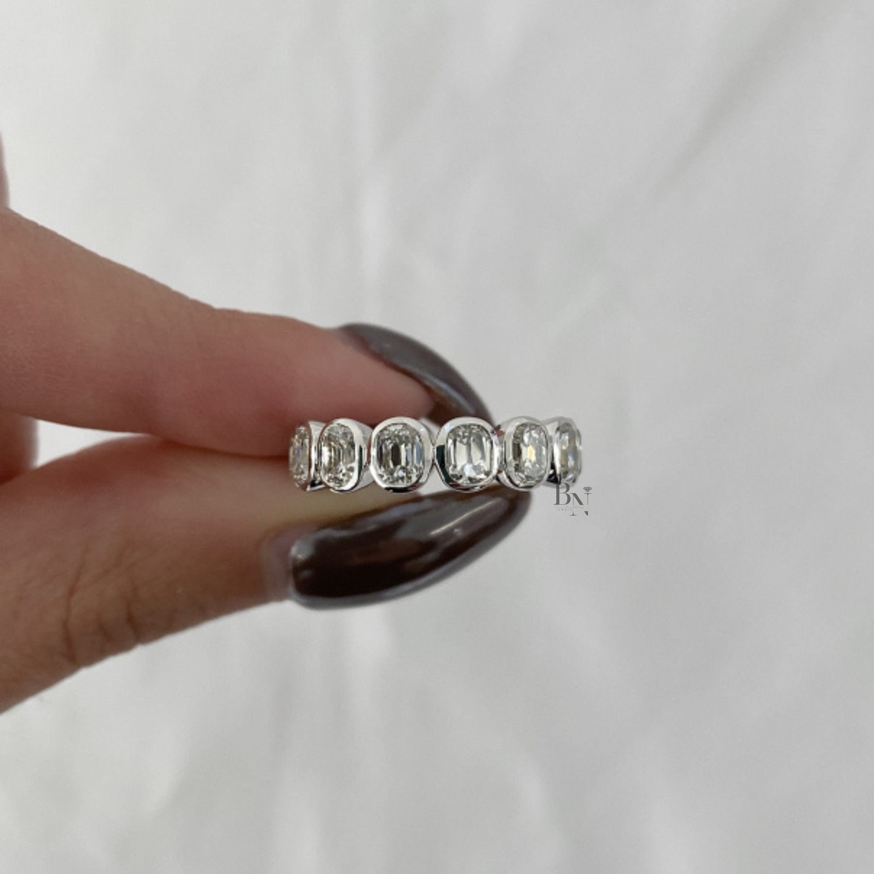 3.65ct Antique Cushion Cut Eternity Band, Bezel Set Lab Diamond Wedding Ring, 5.1mm Wide