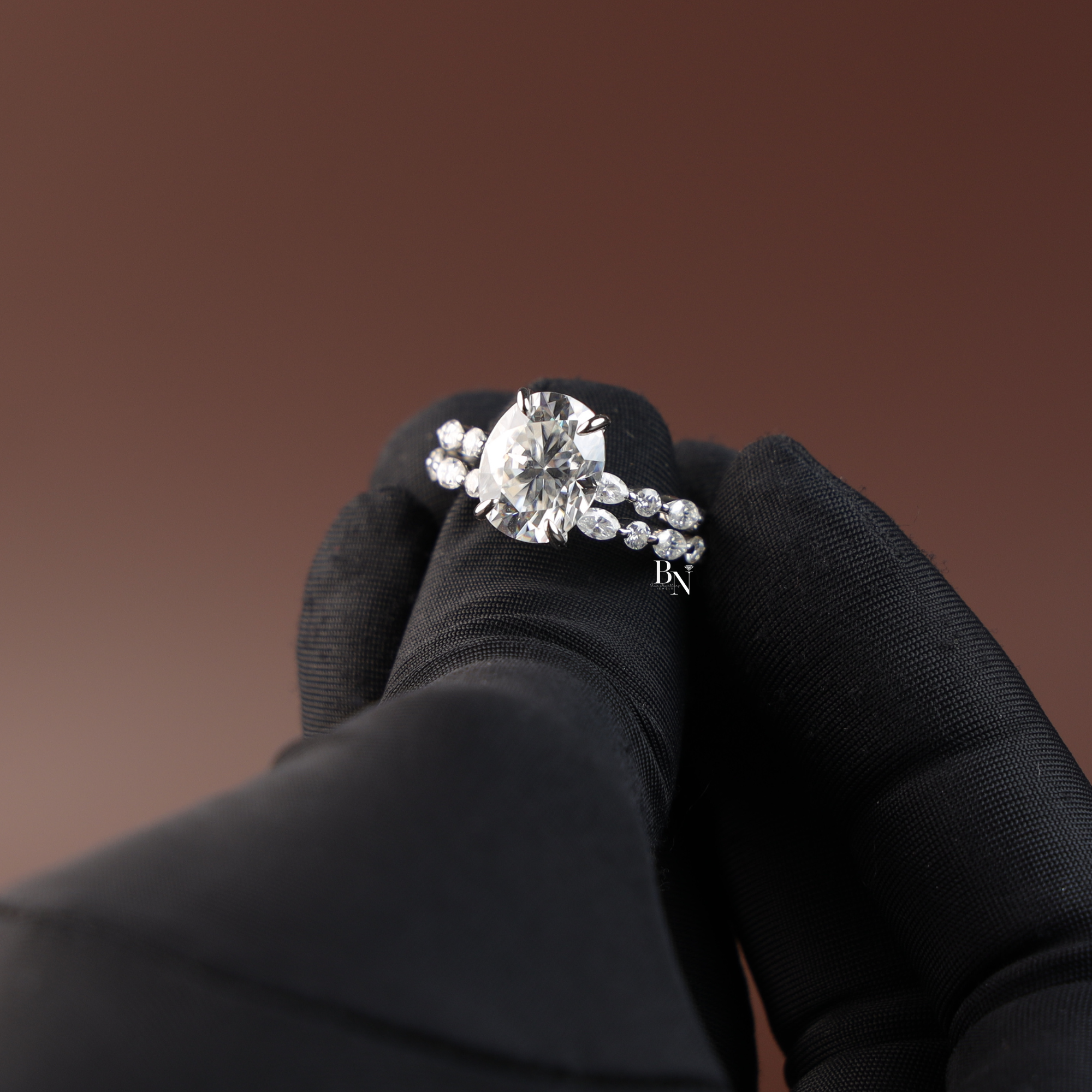 1 CTW Oval Lab Grown Diamond Bridal Set, Alternating Marquise and Round Band Engagement Ring