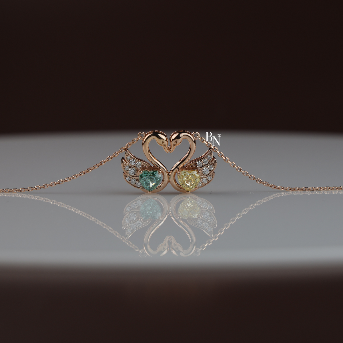Fancy Green and Yellow Lab Grown Diamond Swan Pendant Necklace, Two Stone Heart Swan Pendant for Women
