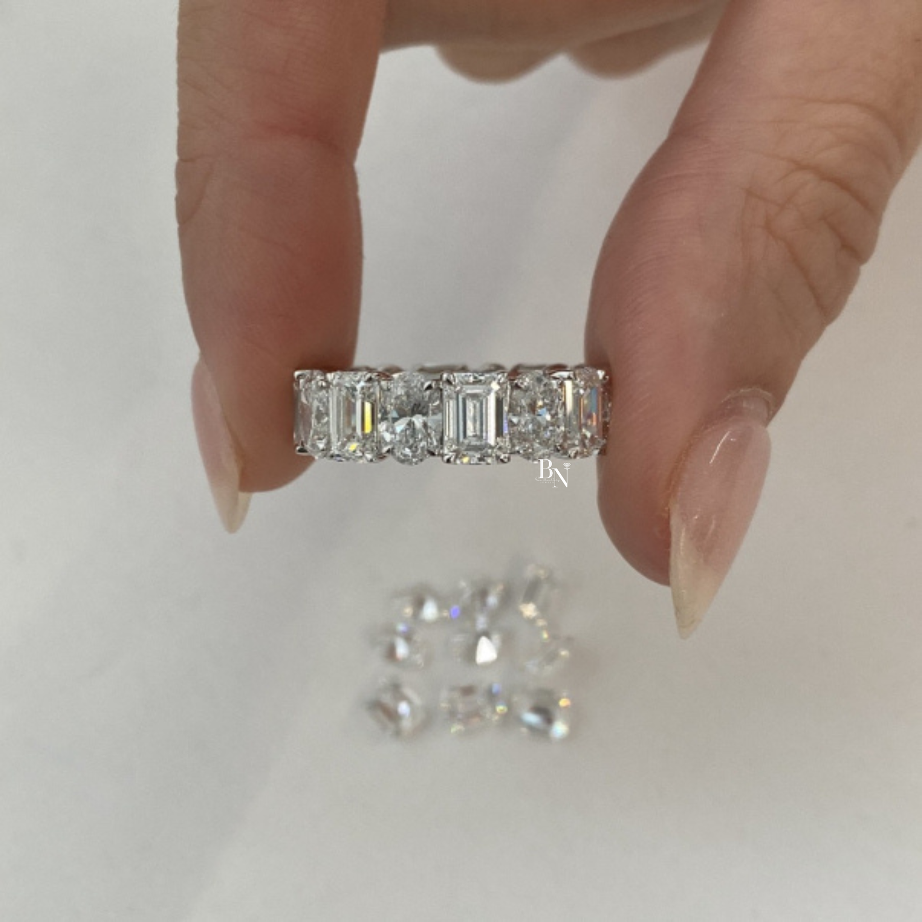 Oval and Emerald Lab Diamond Eternity Band, 7.50 CTW Alternating Mixed Shape Ring, 14K Gold