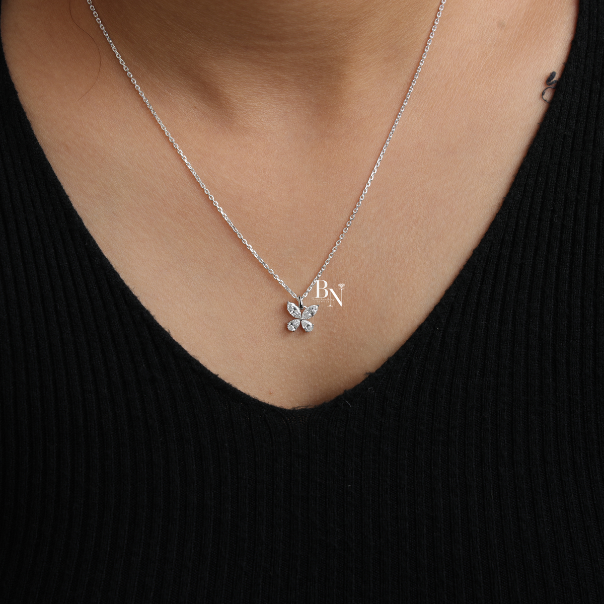 Lab Grown Diamond Butterfly Necklace, Marquise and Pear Cut Pendant, White Gold Tone Fine Jewelry