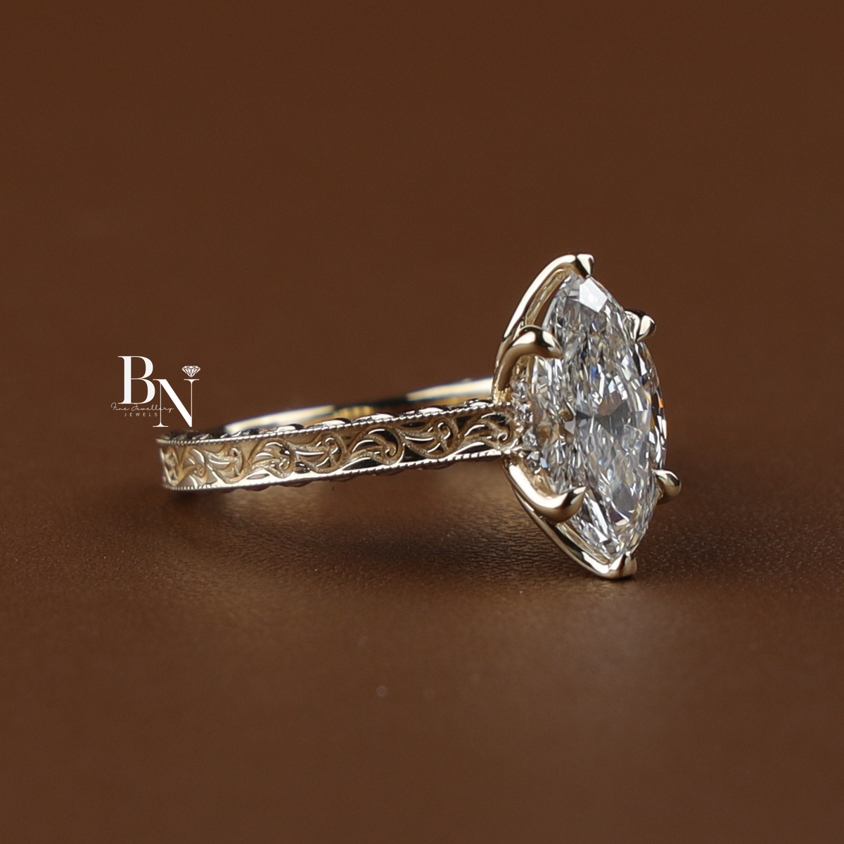 2 Carat Marquise Lab Grown Diamond Ring, Vintage Inspired Filigree Engagement Ring