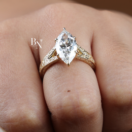 3ct Marquise Cut Lab Grown Diamond Engagement Ring, Vintage Filigree Yellow Gold Solitaire Ring