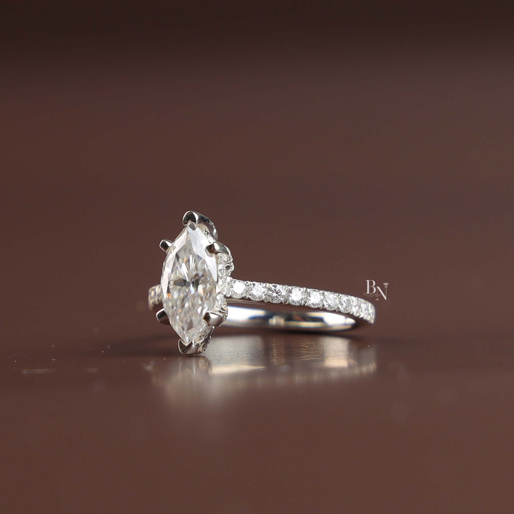1ct Marquise Lab Diamond Engagement Ring, Hidden Halo Marquise Ring, Slender Pave Band