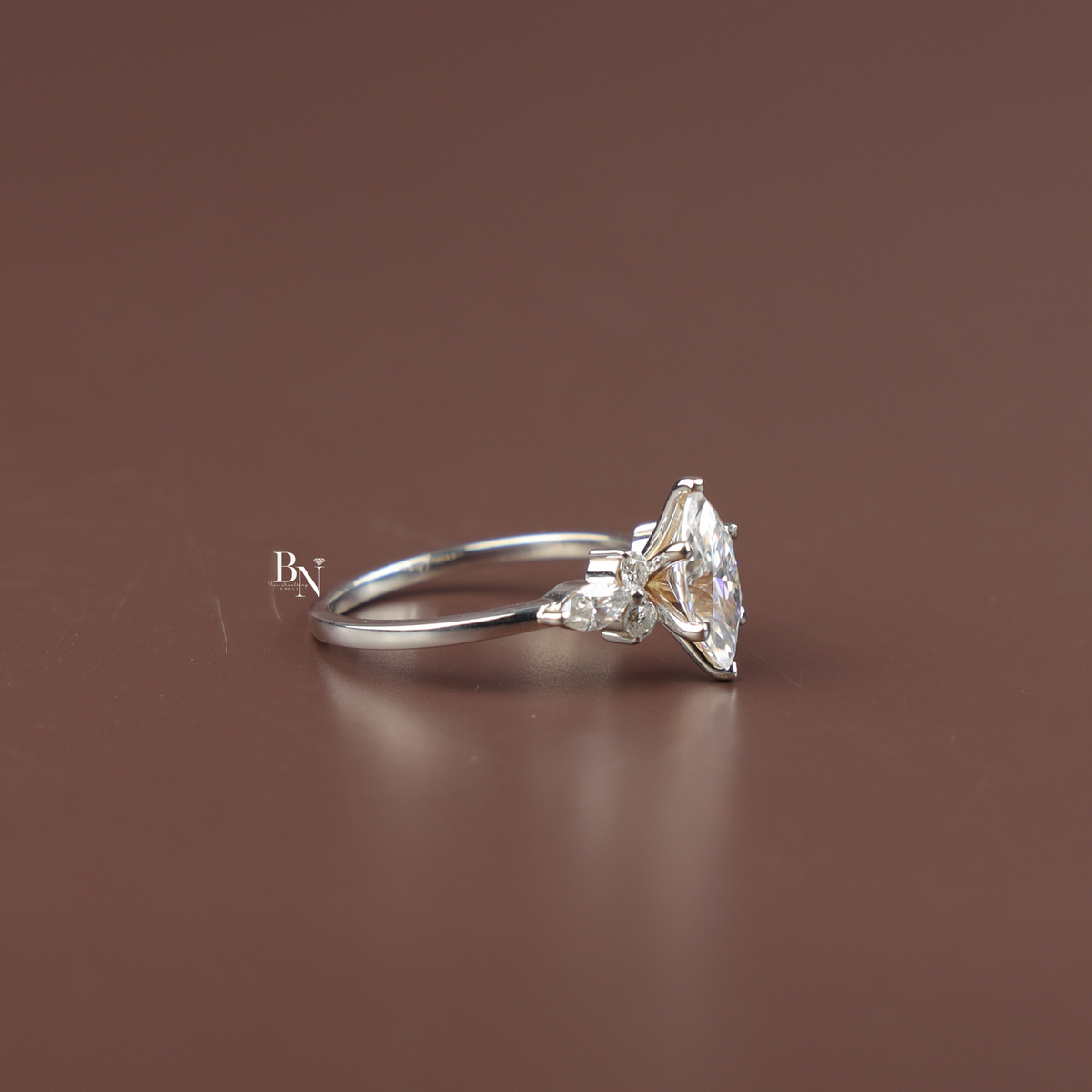 2ct Marquise Lab Grown Diamond Engagement Ring, Cluster Side Stones, V Prong Marquise Ring