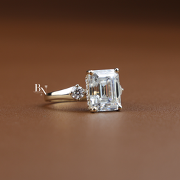 5ct Emerald Cut Moissanite Engagement Ring, 3 Stone Yellow Gold Ring, Hidden Halo Anniversary Ring