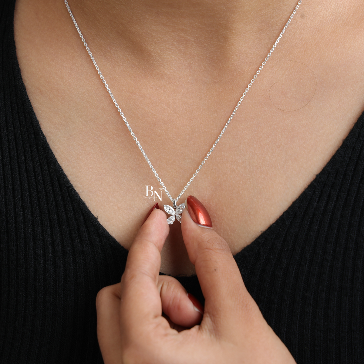 Lab Grown Diamond Butterfly Necklace, Marquise and Pear Cut Pendant, White Gold Tone Fine Jewelry
