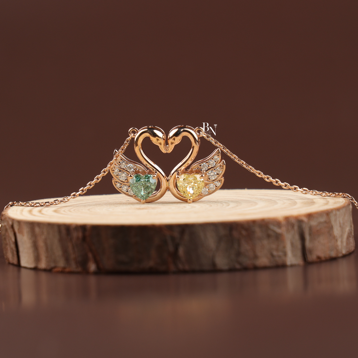 Fancy Green and Yellow Lab Grown Diamond Swan Pendant Necklace, Two Stone Heart Swan Pendant for Women
