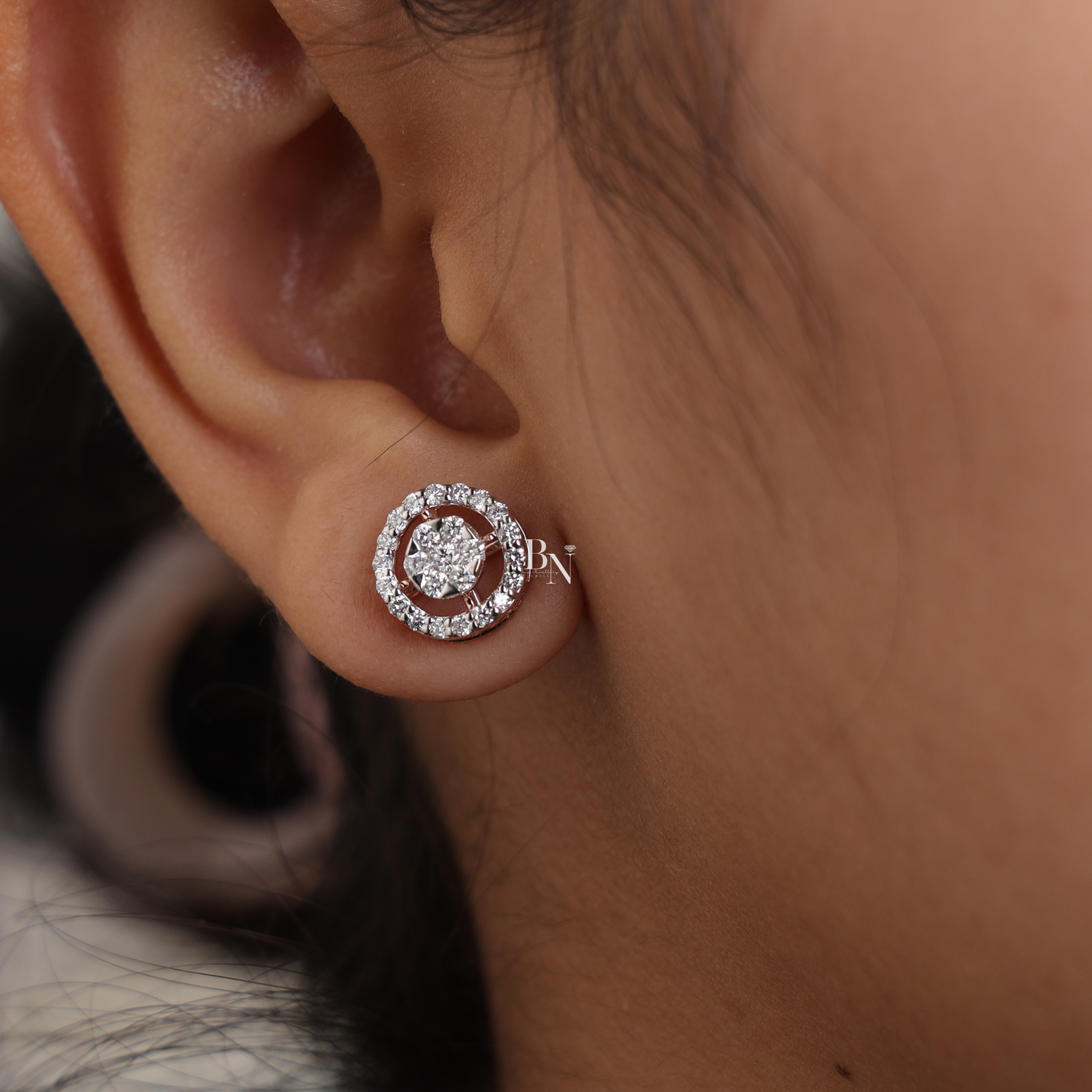 Lab Grown Diamond Stud Earrings, Round Cluster Halo Studs, Rose Gold Screw Back Earrings
