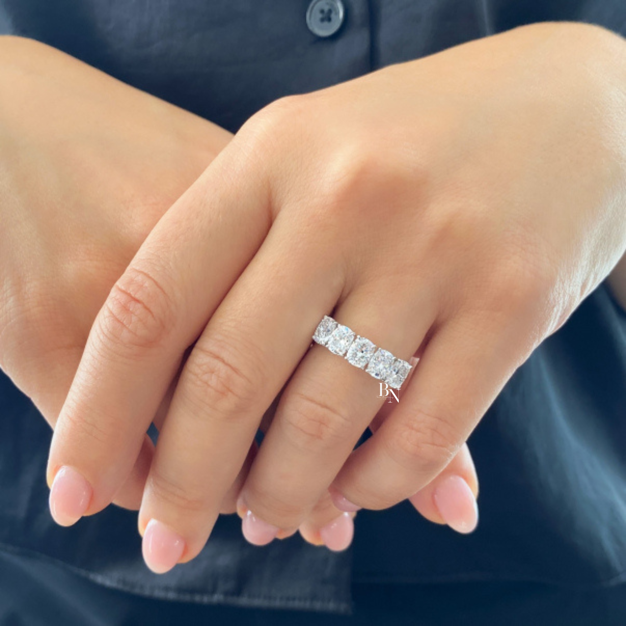 5 Stone Cushion Cut Lab Diamond Anniversary Ring, 2.50 CTW Floating Prong Wedding Band, 14K Gold