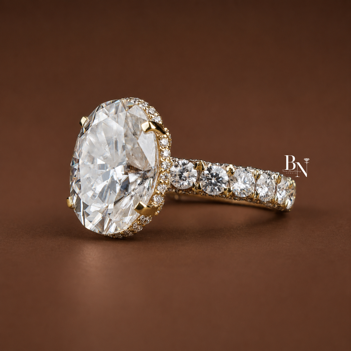 9 Carat Oval Moissanite Engagement Ring, Hidden Halo Pave Band, Large Solitaire Bridal Ring