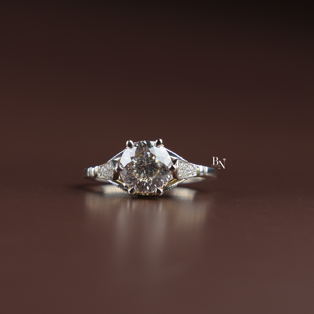 2 Carat Portuguese Cut Lab Grown Diamond Engagement Ring, Cathedral Setting with Pavé Band