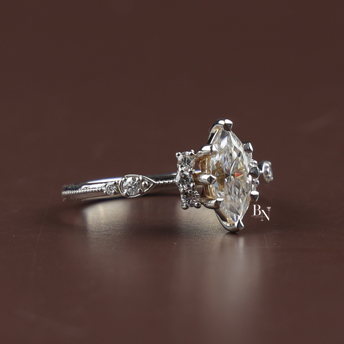 1.1ct Marquise Lab Grown Diamond Engagement Ring, Vintage Inspired Cluster Ring, Milgrain Diamond Ring