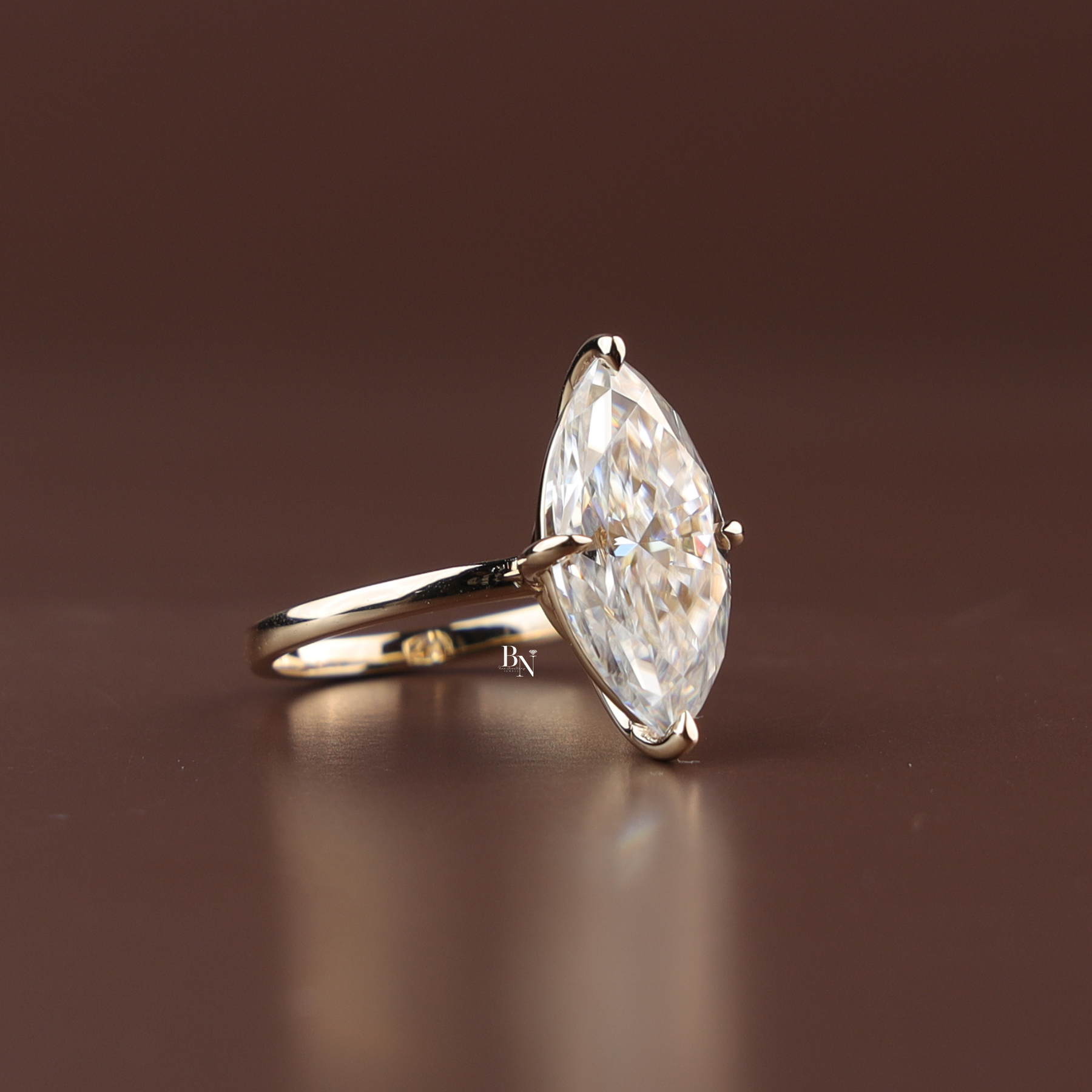6ct Marquise Cut Lab Grown Diamond Engagement Ring, Modern Slim Band Solitaire Ring, Yellow Gold