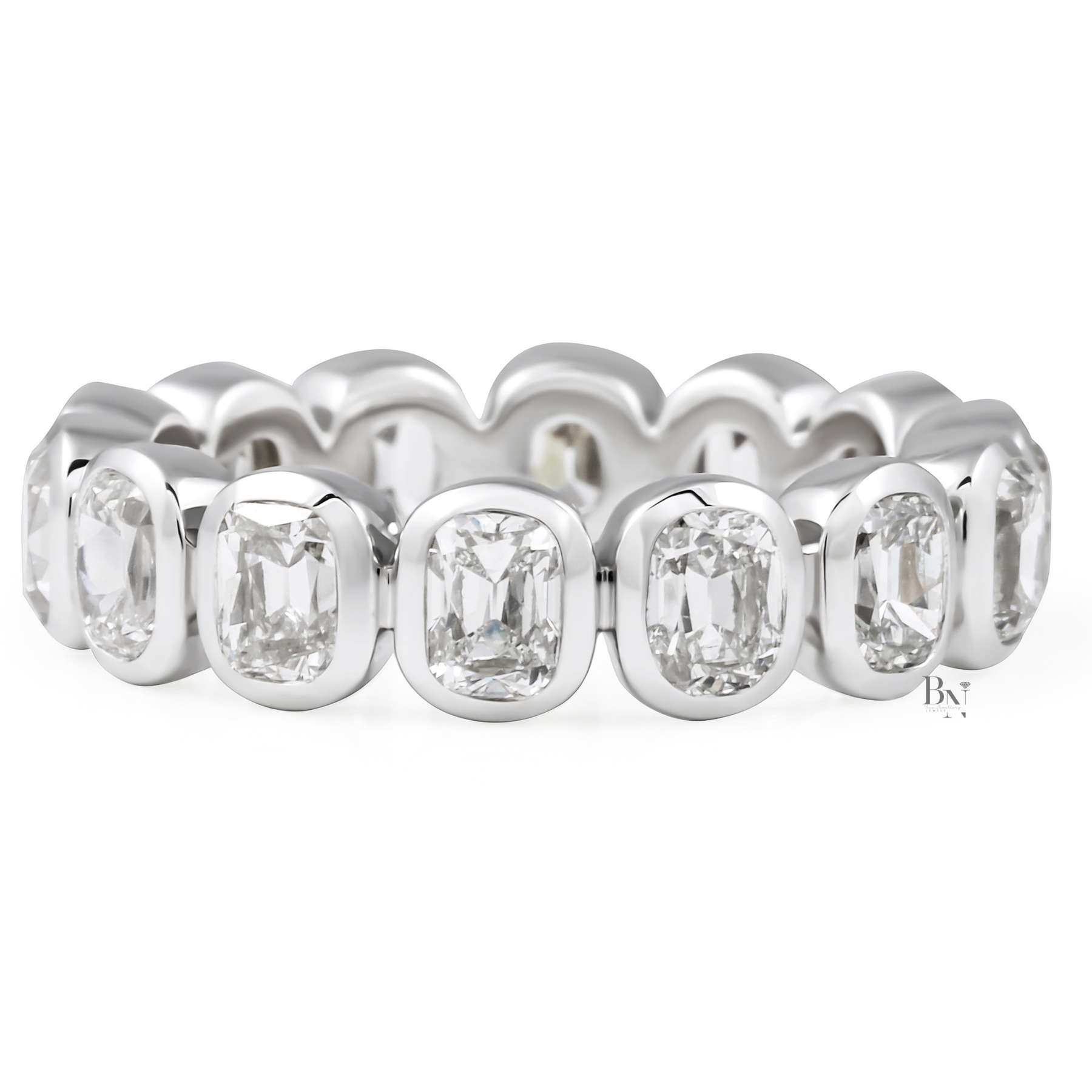 3.65ct Antique Cushion Cut Eternity Band, Bezel Set Lab Diamond Wedding Ring, 5.1mm Wide
