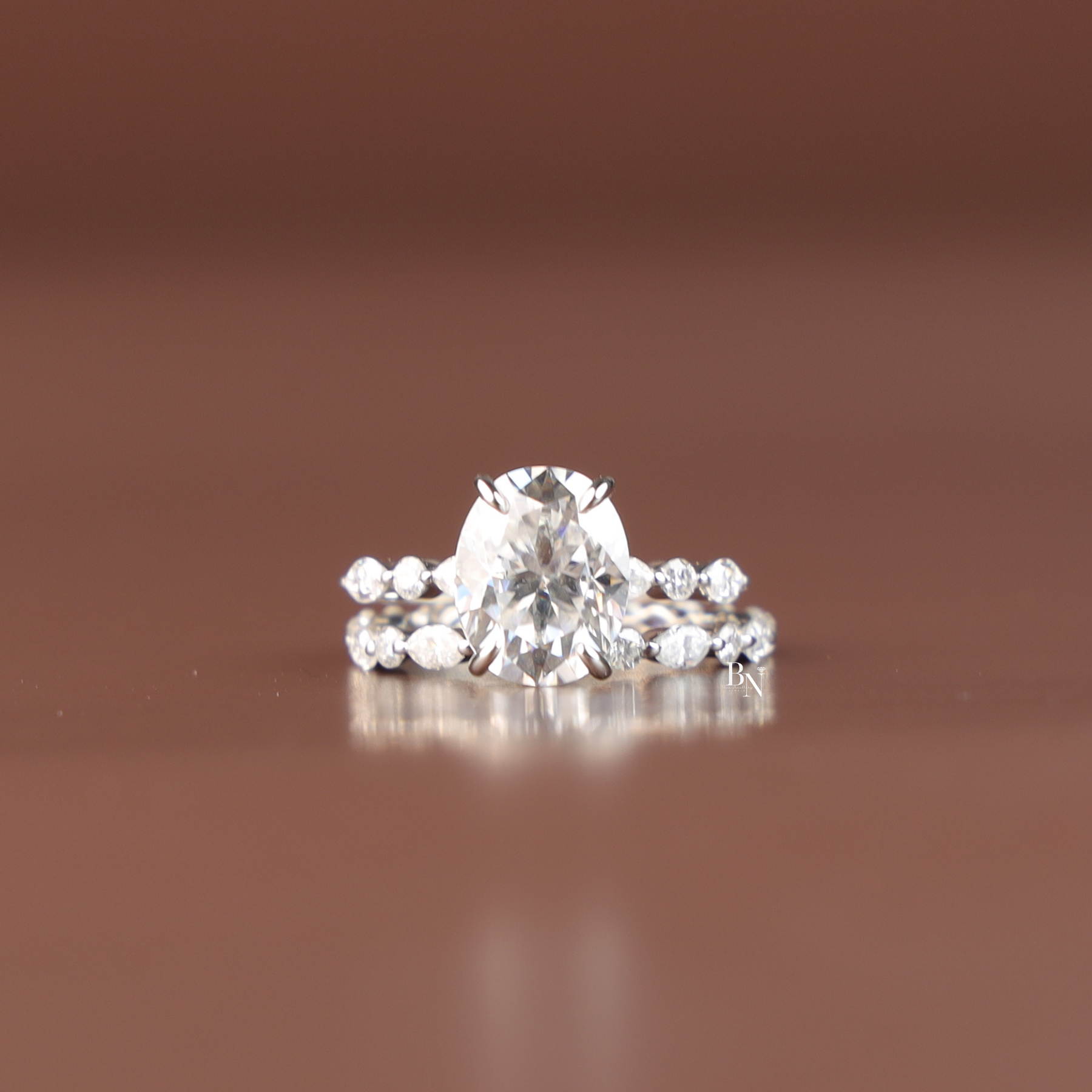 1 CTW Oval Lab Grown Diamond Bridal Set, Alternating Marquise and Round Band Engagement Ring