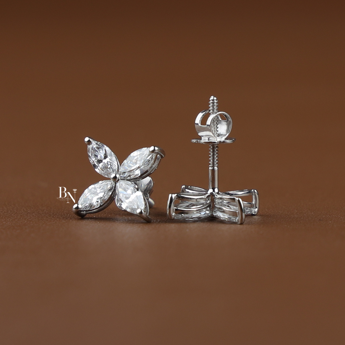 Lab Grown Diamond Flower Stud Earrings, Marquise Cluster Earrings, Screw Back Butterfly Studs
