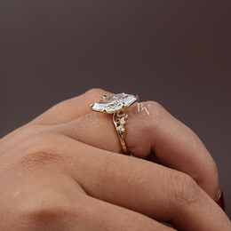 Vintage Inspired, 3ct Marquise Lab Grown Diamond Ring, Unique Yellow Gold Engagement Ring