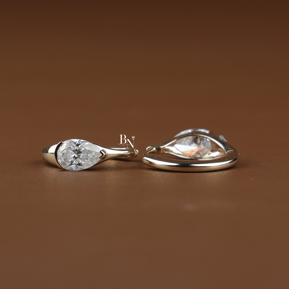 Pear Cut Lab Grown Diamond Huggie Earrings, Minimalist Solitaire Hoop Earrings, Half Bezel Diamond Hoops