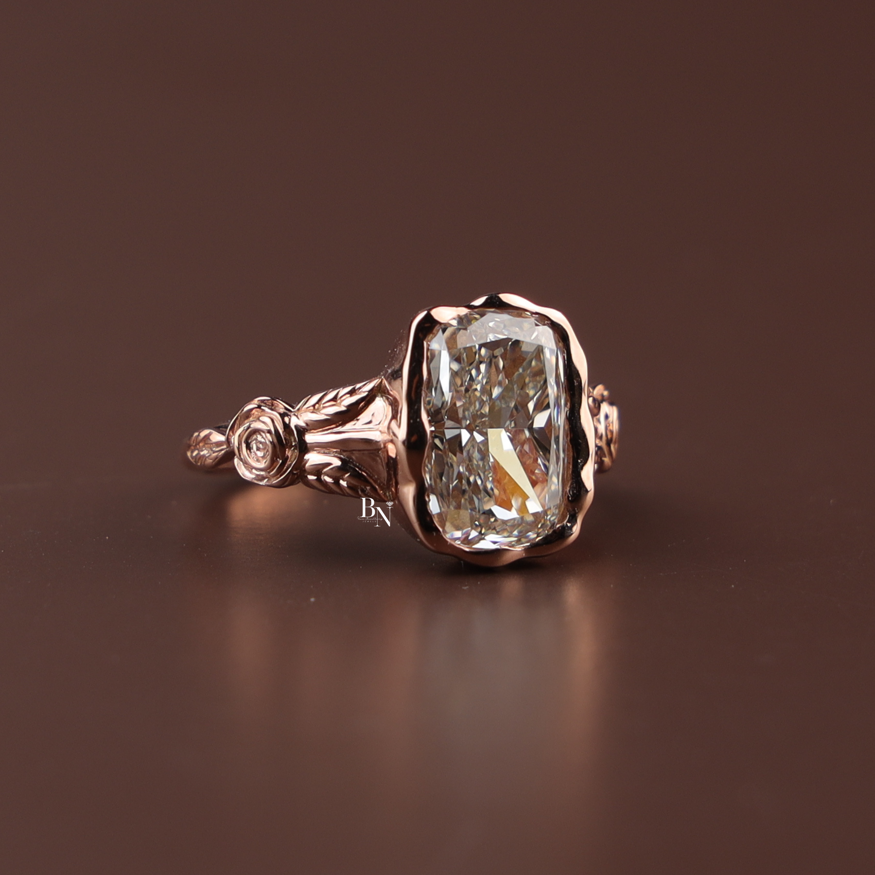 4ct Elongated Cushion Cut Lab Grown Diamond Engagement Ring, Floral Bezel Set Nature Inspired Ring