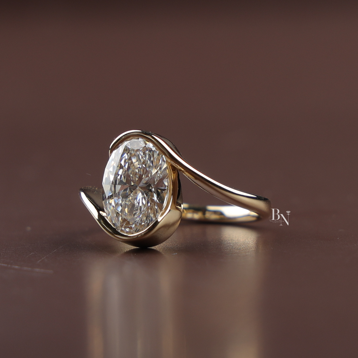 Oval Cut Lab Grown Diamond Ring, Bezel Set Modern Solitaire, Asymmetric Bypass Ring, 2ct