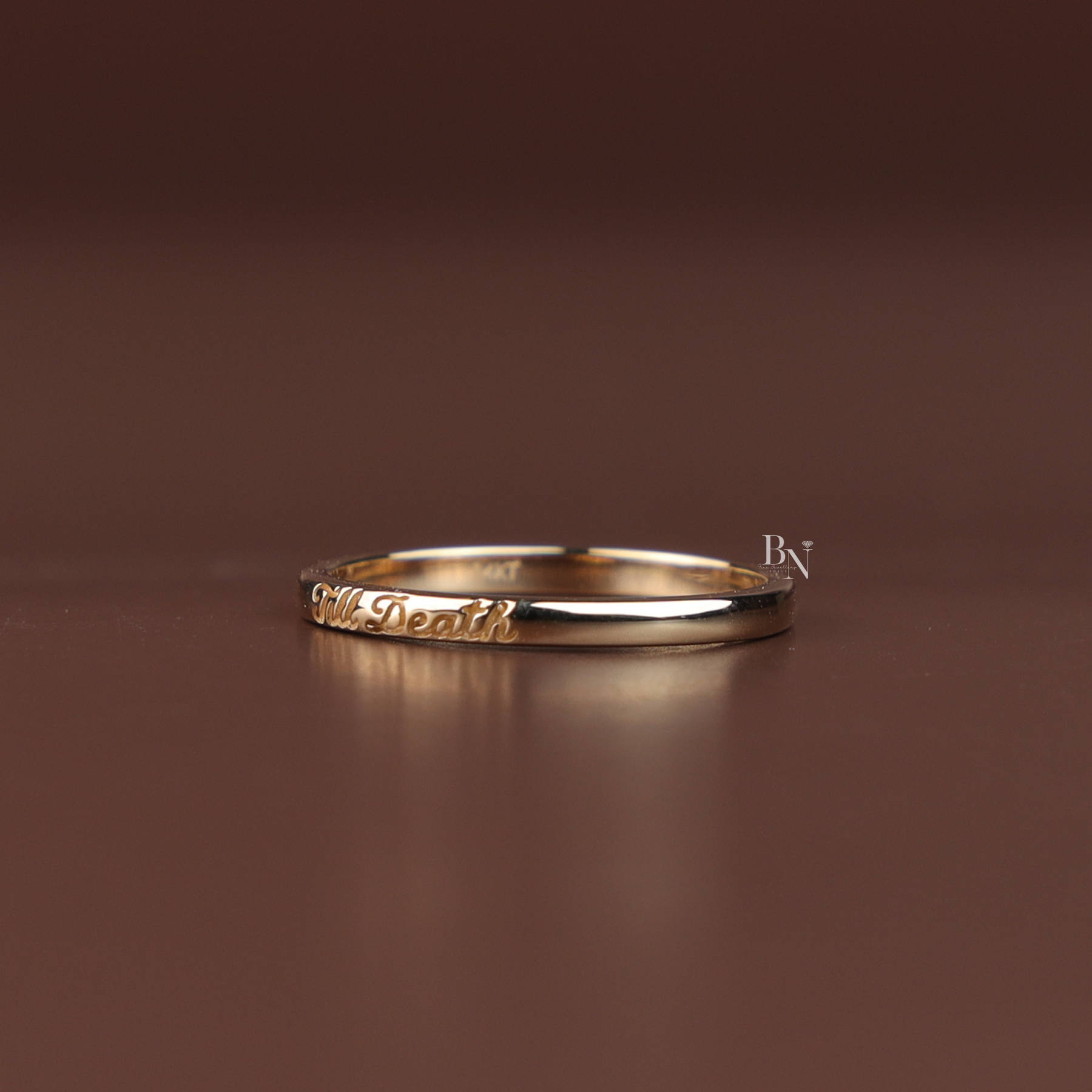 Till Death Wedding Band Set, 14K Gold Couple Rings, Matching Engraved Bands, Script Wedding Ring Set