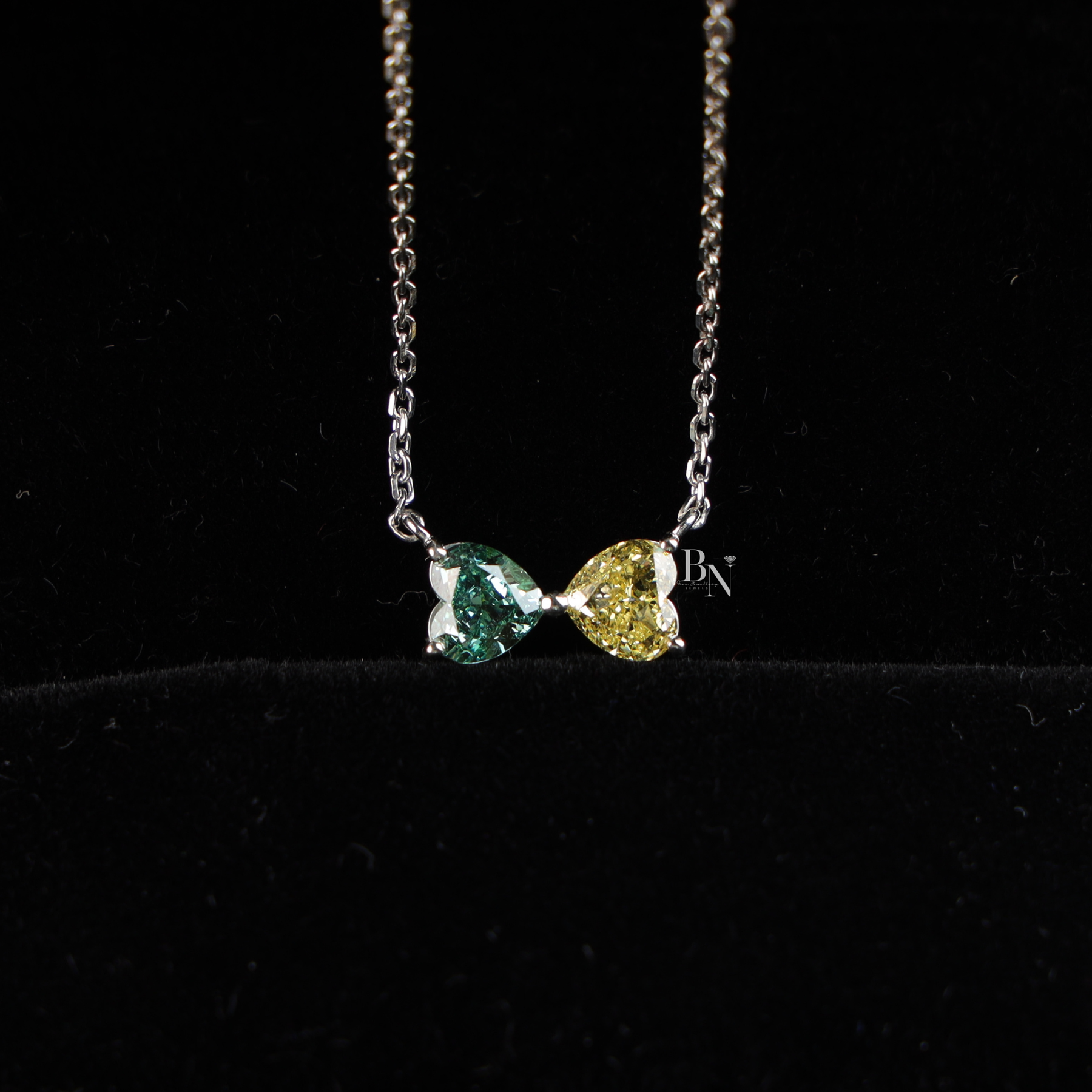 Fancy Color Lab Grown Diamond Necklace, Two Stone Heart Pendant, Green Yellow Toi et Moi Necklace White