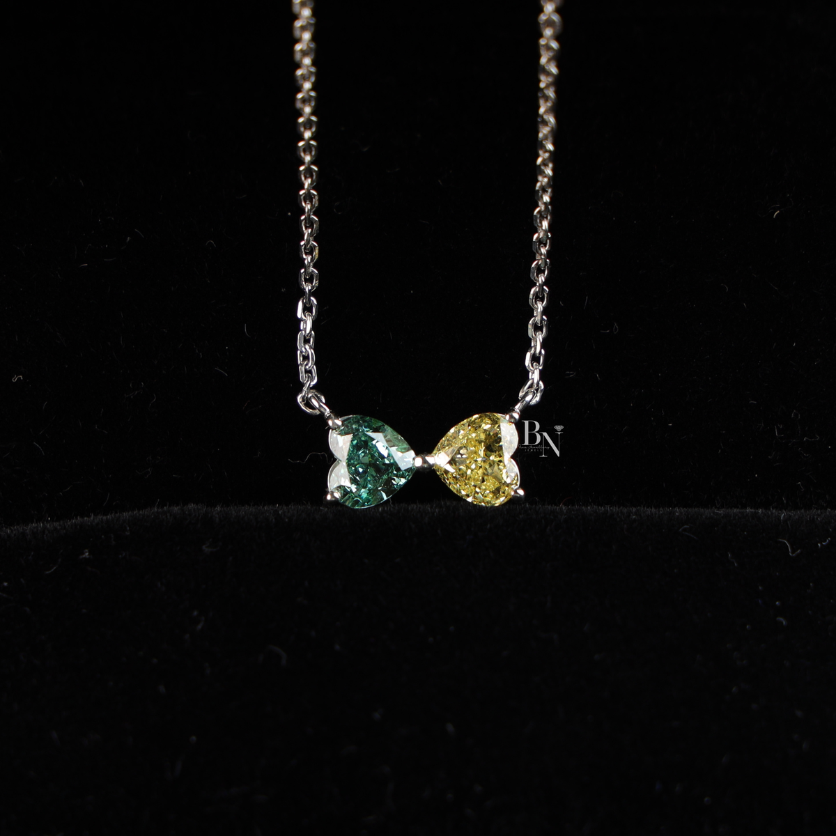 Fancy Color Lab Grown Diamond Necklace, Two Stone Heart Pendant, Green Yellow Toi et Moi Necklace White