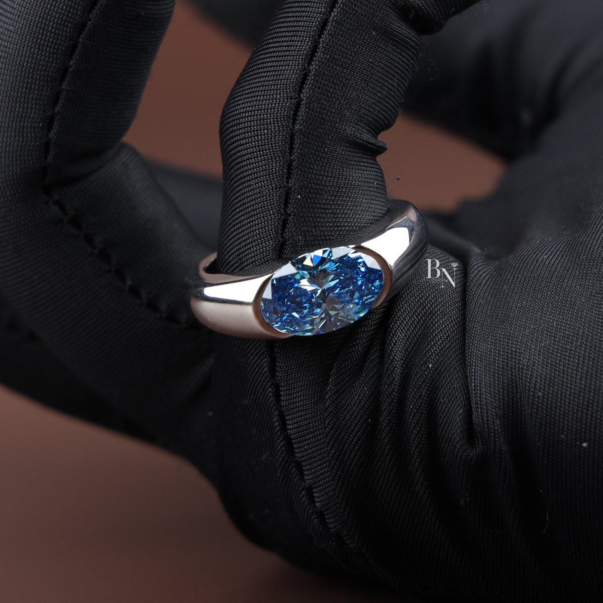 2.5ct Fancy Blue Oval Cut Lab Grown Diamond Ring, Bezel Set Modern Solitaire