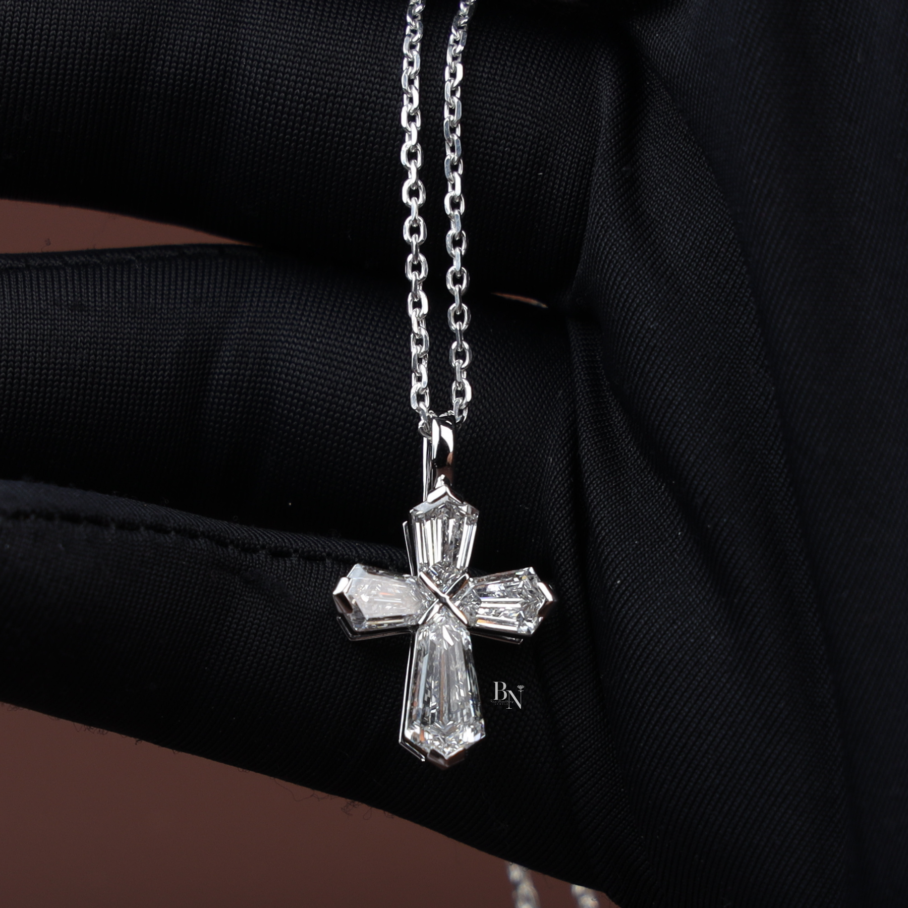 Lab Grown Diamond Cross Necklace, Coffin Cut Diamond Pendant, 14K White Gold Cross, Dainty Religious
