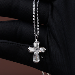 Lab Grown Diamond Cross Necklace, Coffin Cut Diamond Pendant, 14K White Gold Cross, Dainty Religious