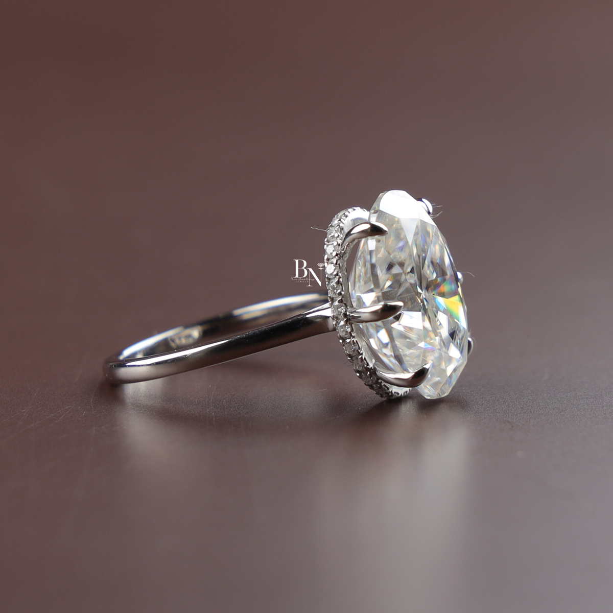 10 Carat Oval Moissanite Engagement Ring, Hidden Halo Solitaire, 6 Prong White Gold Ring