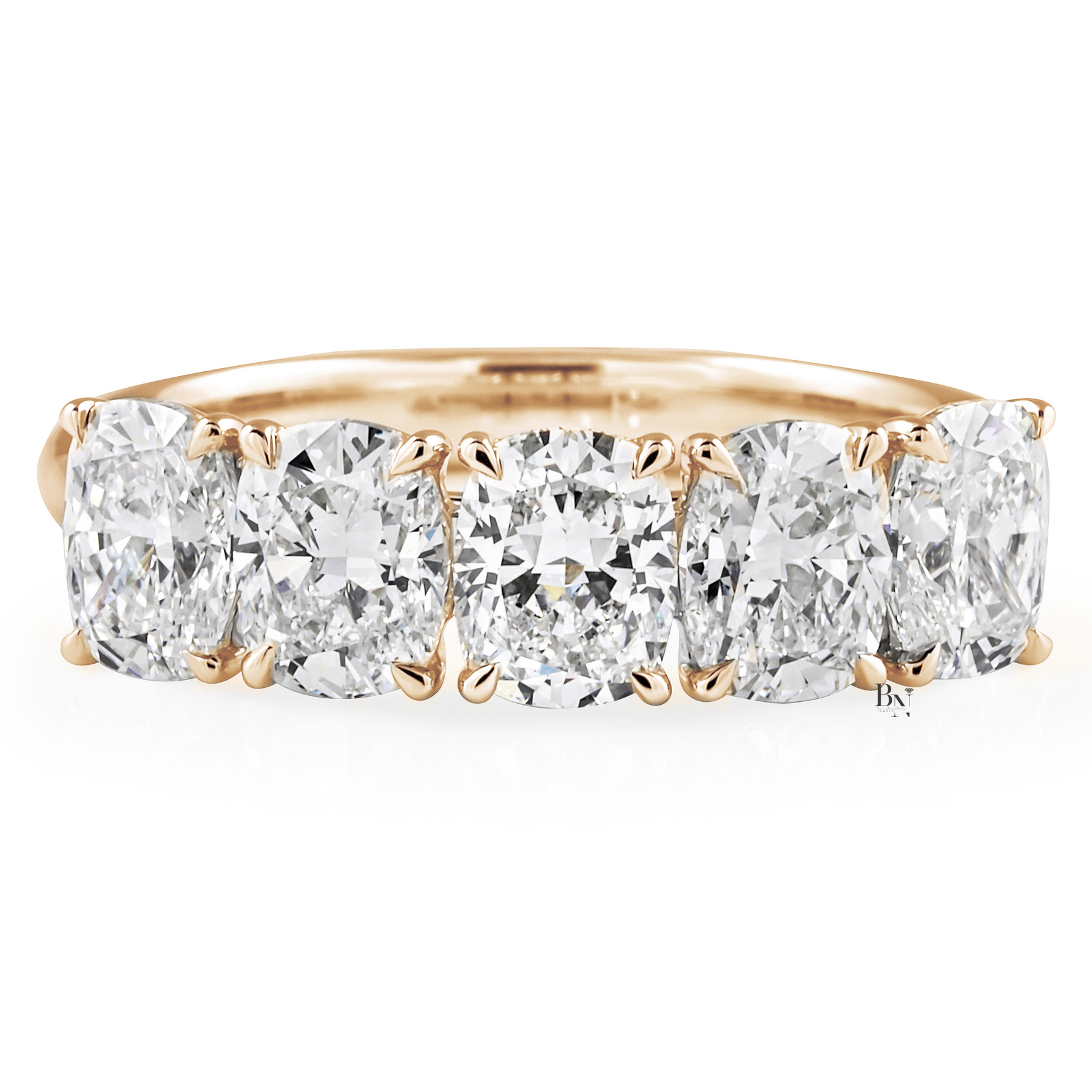 5 Stone Cushion Cut Lab Diamond Anniversary Ring, 2.50 CTW Floating Prong Wedding Band, 14K Gold