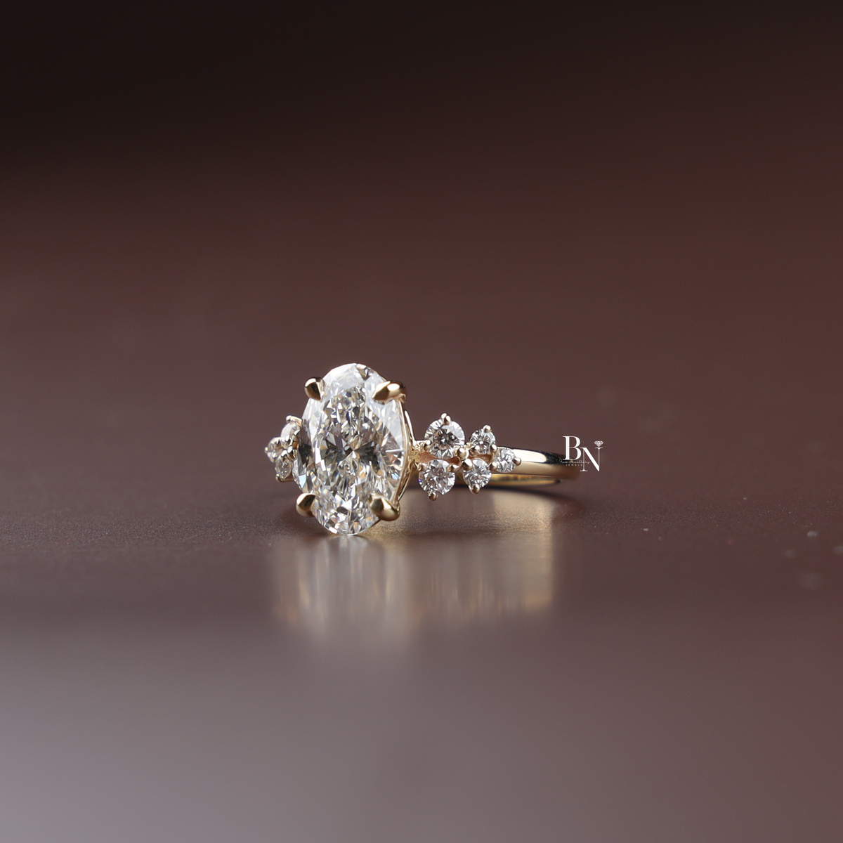 2 Carat Oval Lab Diamond Engagement Ring, Unique Cluster Side Stone Ring, Yellow Gold