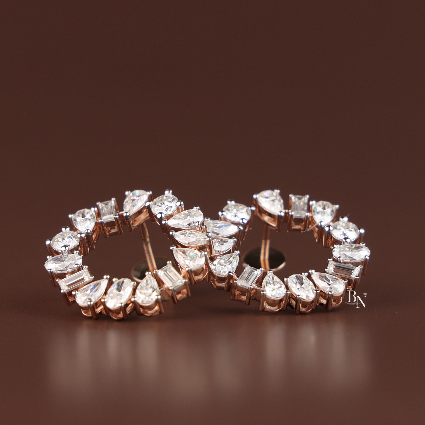 Lab Grown Diamond Open Circle Earrings, Mixed Cut Diamond Studs, Diamond Wreath Earrings