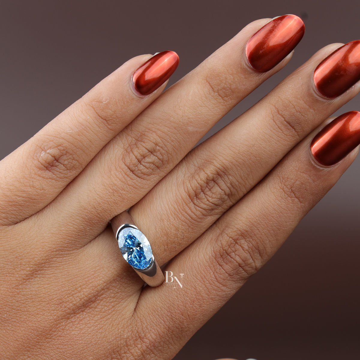 2.5ct Fancy Blue Oval Cut Lab Grown Diamond Ring, Bezel Set Modern Solitaire