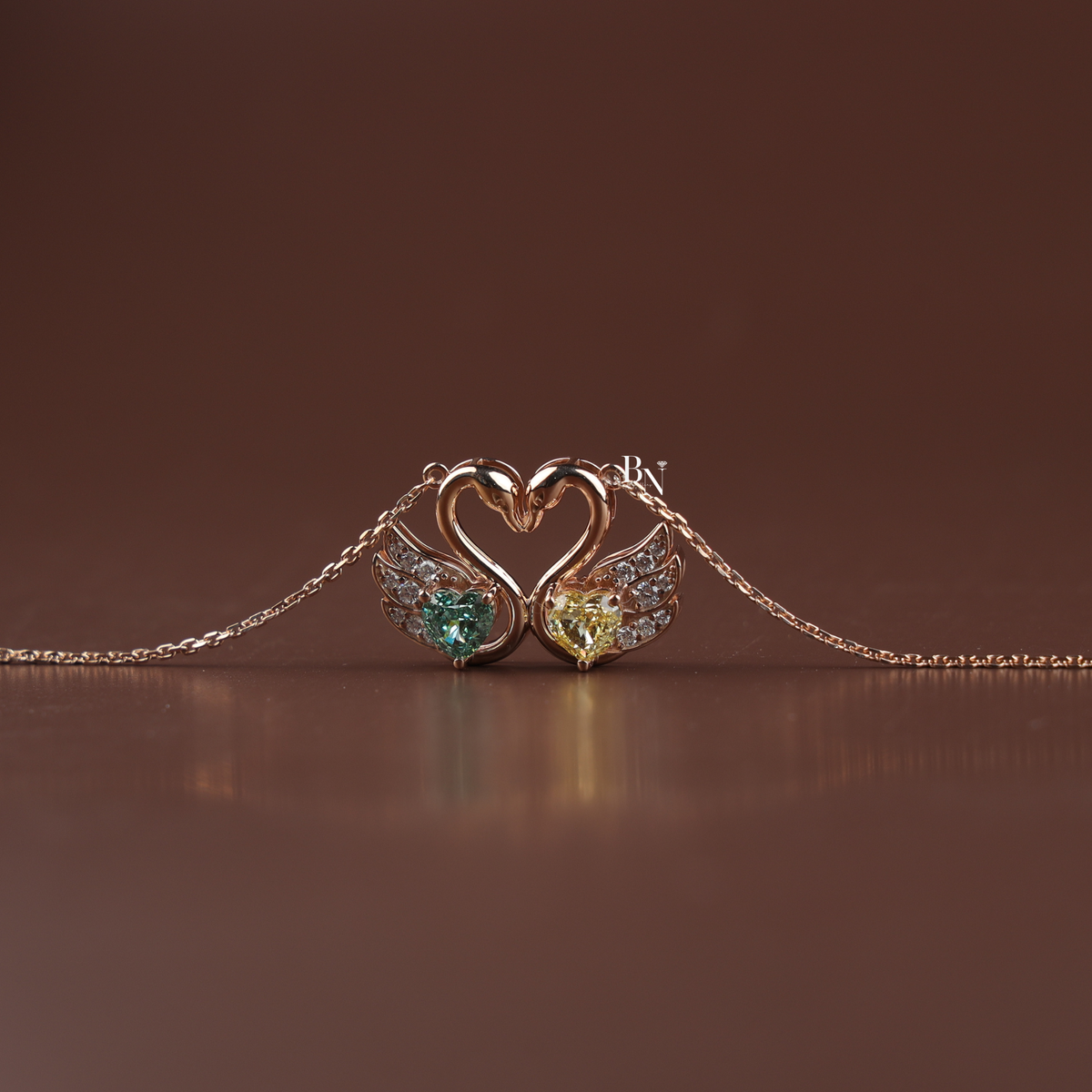 Fancy Green and Yellow Lab Grown Diamond Swan Pendant Necklace, Two Stone Heart Swan Pendant for Women