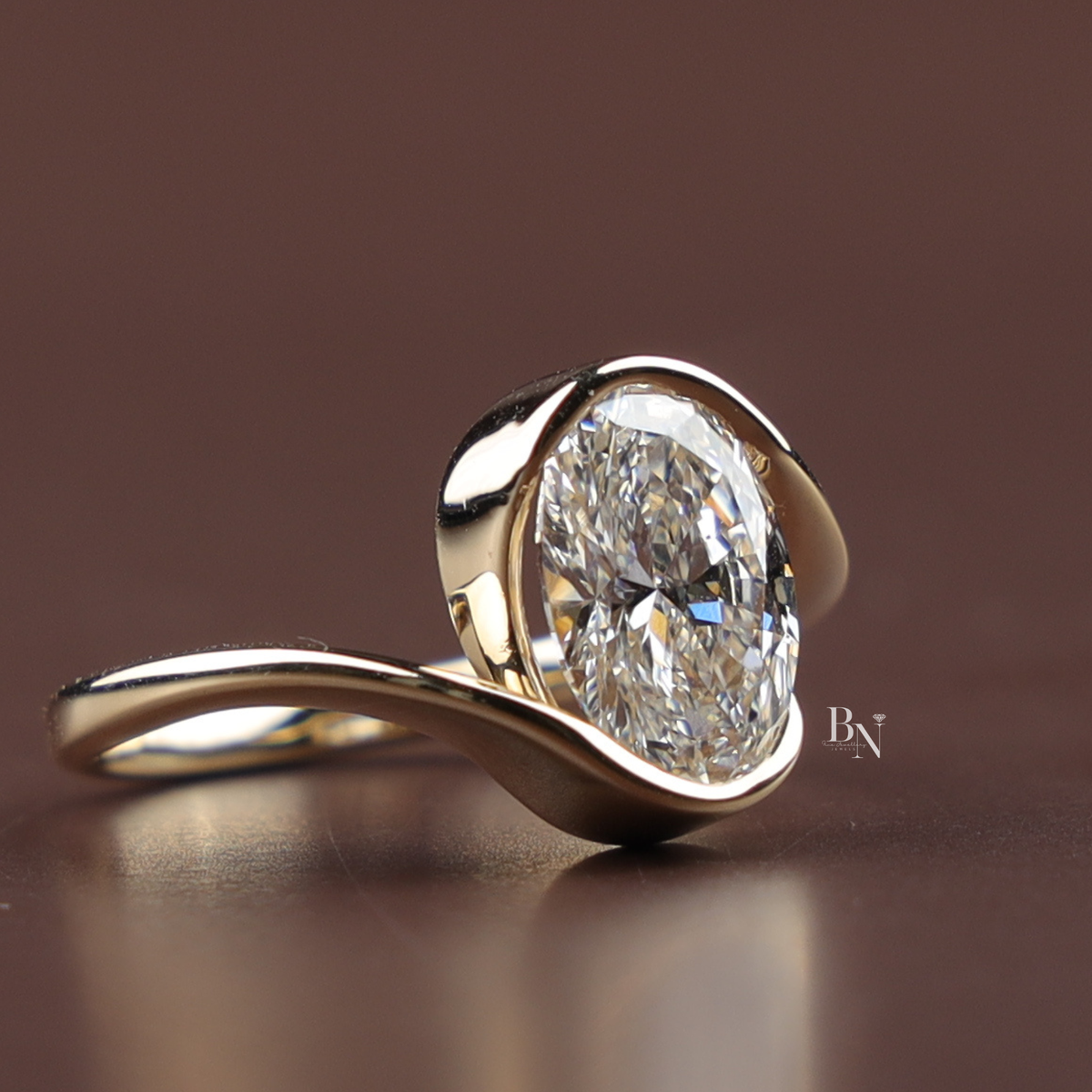 Oval Cut Lab Grown Diamond Ring, Bezel Set Modern Solitaire, Asymmetric Bypass Ring, 2ct