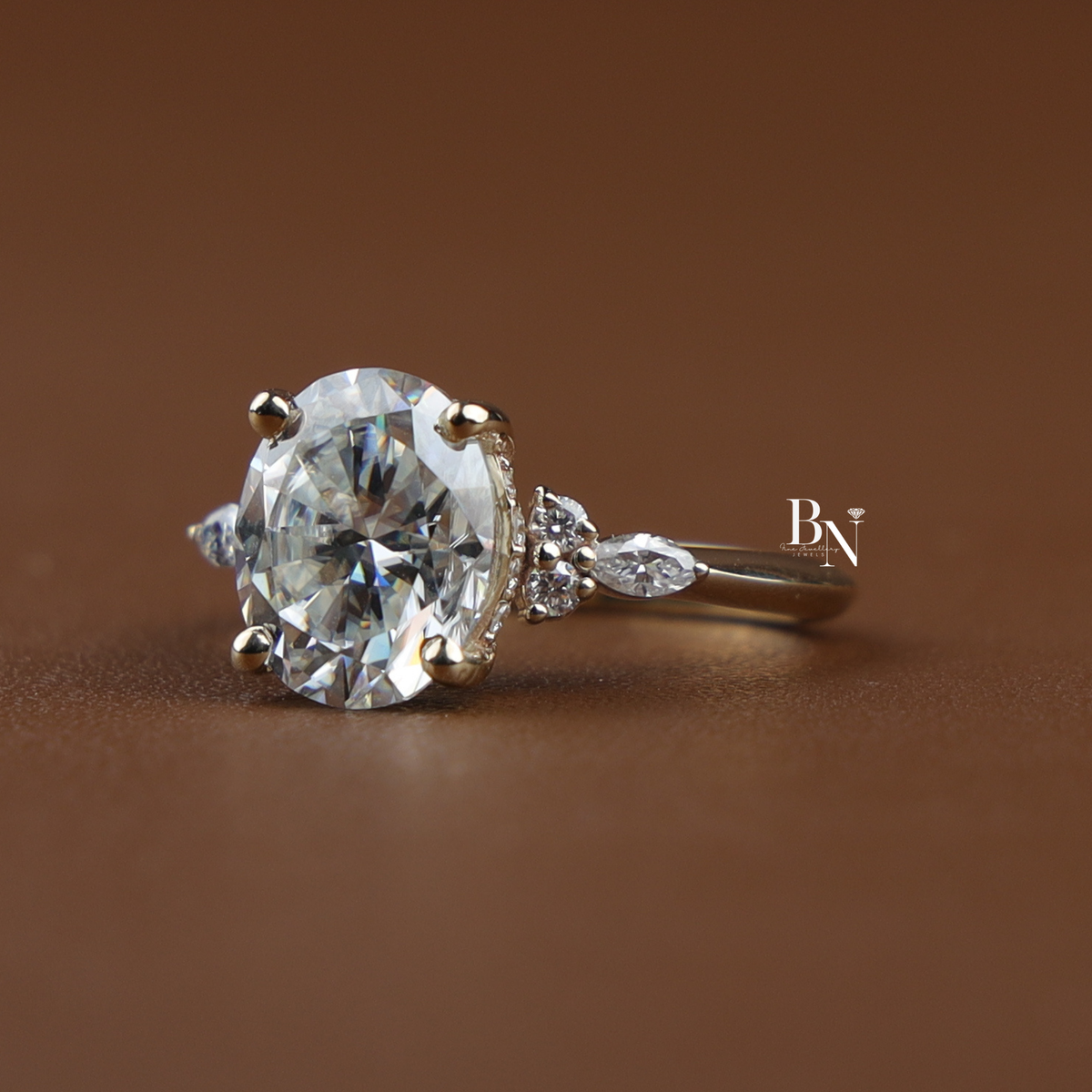 3ct Oval Lab Grown Diamond Engagement Ring, Hidden Halo Oval Ring with Side Stones, Gold Cluster