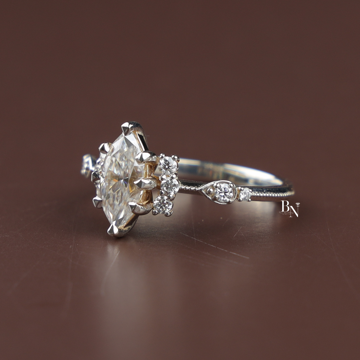1.1ct Marquise Lab Grown Diamond Engagement Ring, Vintage Inspired Cluster Ring, Milgrain Diamond Ring