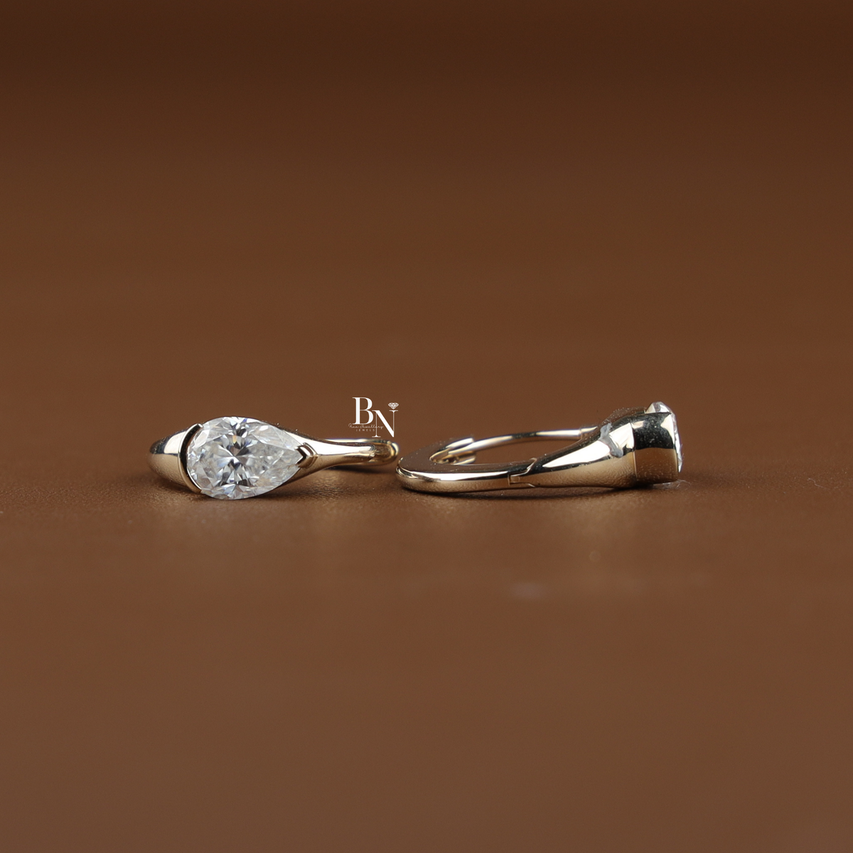 Pear Cut Lab Grown Diamond Huggie Earrings, Minimalist Solitaire Hoop Earrings, Half Bezel Diamond Hoops
