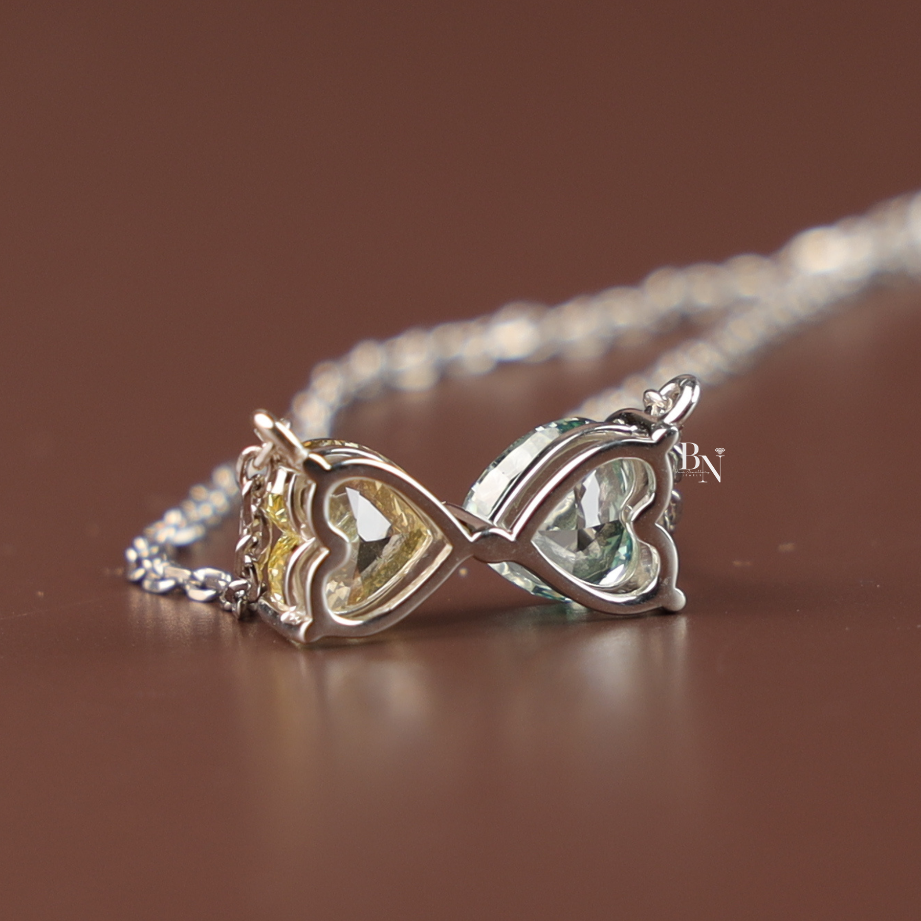 Fancy Color Lab Grown Diamond Necklace, Two Stone Heart Pendant, Green Yellow Toi et Moi Necklace White