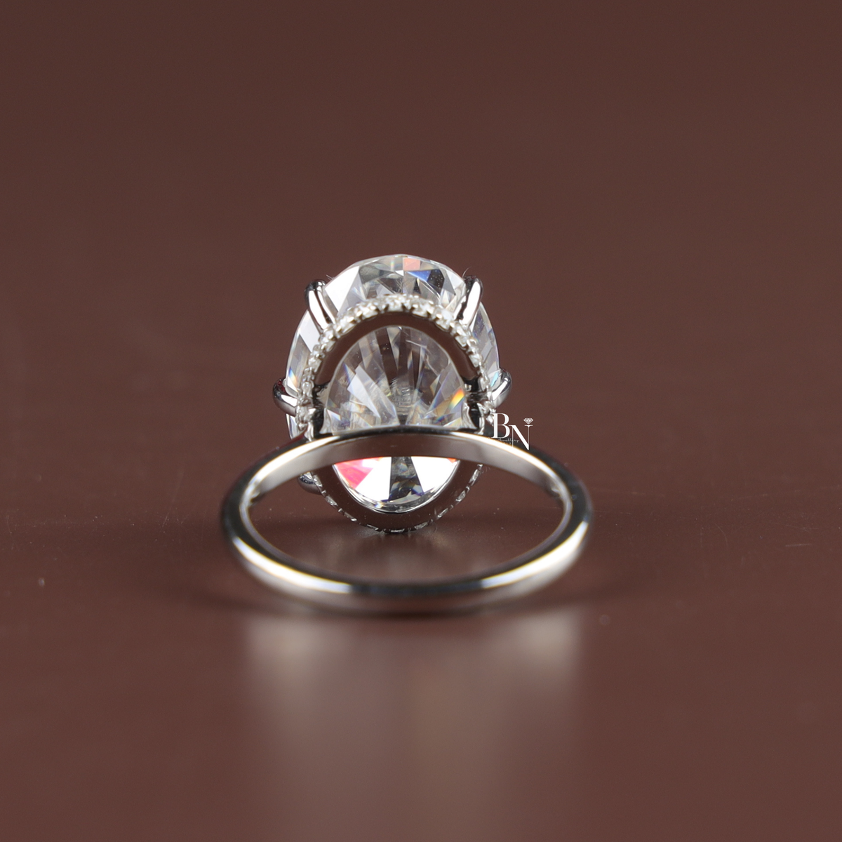 10 Carat Oval Moissanite Engagement Ring, Hidden Halo Solitaire, 6 Prong White Gold Ring