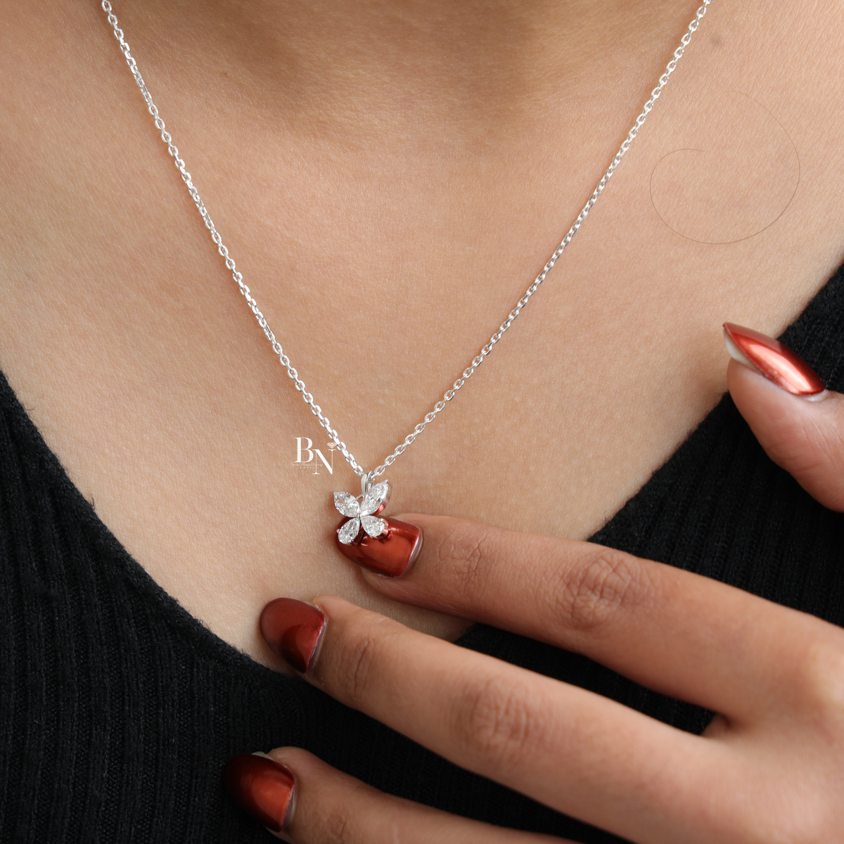 Lab Grown Diamond Butterfly Necklace, Marquise and Pear Cut Pendant, White Gold Tone Fine Jewelry
