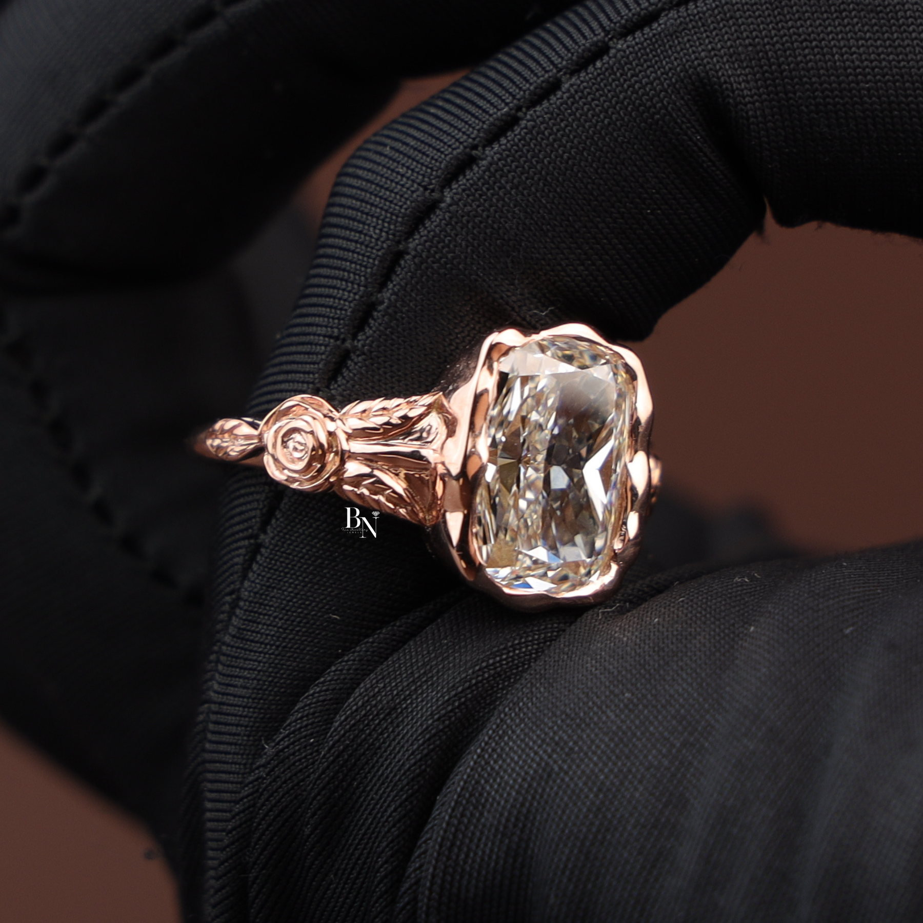 4ct Elongated Cushion Cut Lab Grown Diamond Engagement Ring, Floral Bezel Set Nature Inspired Ring