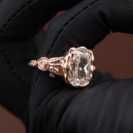 4ct Elongated Cushion Cut Lab Grown Diamond Engagement Ring, Floral Bezel Set Nature Inspired Ring