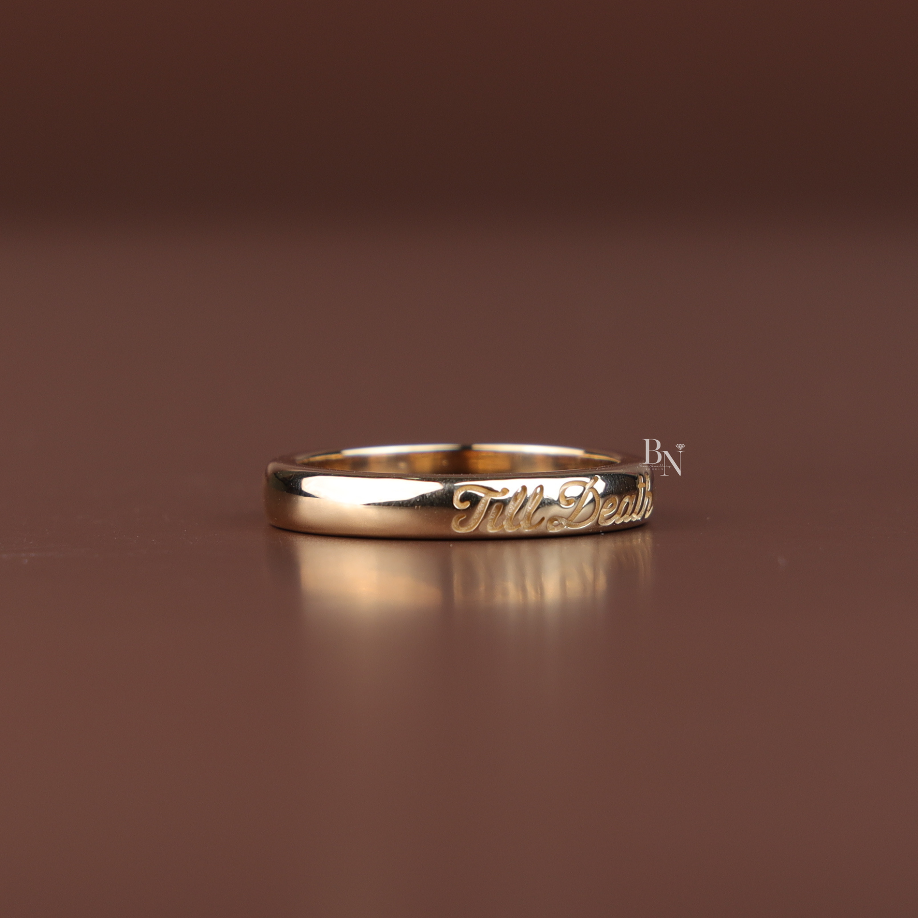 Till Death Wedding Band Set, 14K Gold Couple Rings, Matching Engraved Bands, Script Wedding Ring Set