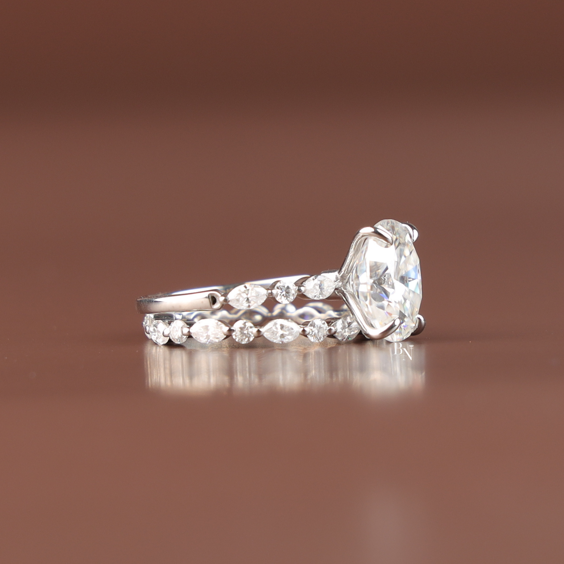 1 CTW Oval Lab Grown Diamond Bridal Set, Alternating Marquise and Round Band Engagement Ring