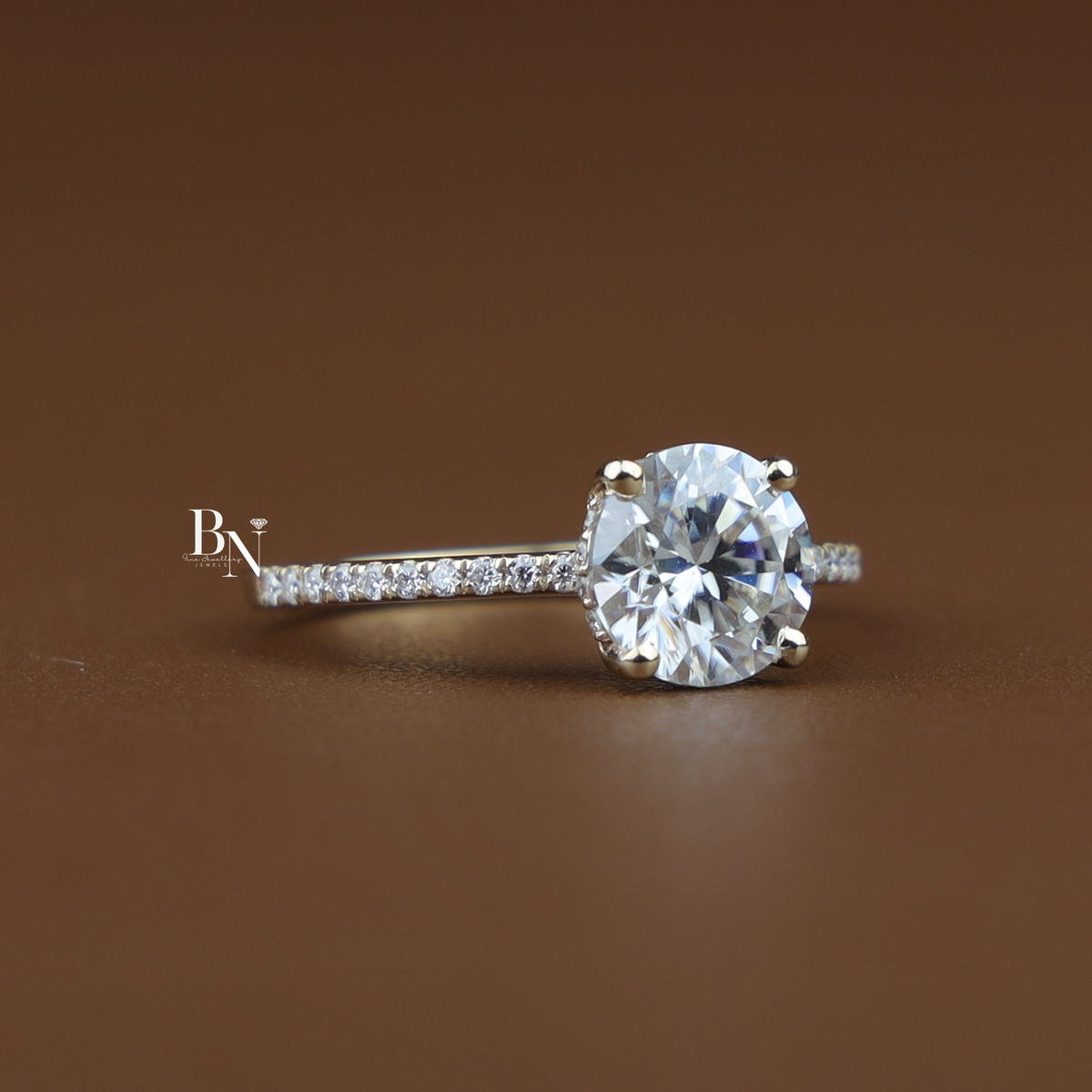 2 Carat Round Lab Diamond Engagement Ring, Hidden Halo Solitaire Ring with Pave Band in Gold