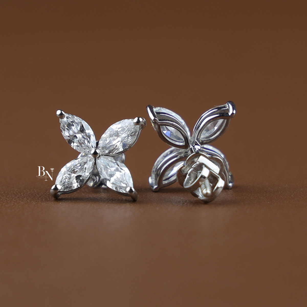 Lab Grown Diamond Flower Stud Earrings, Marquise Cluster Earrings, Screw Back Butterfly Studs